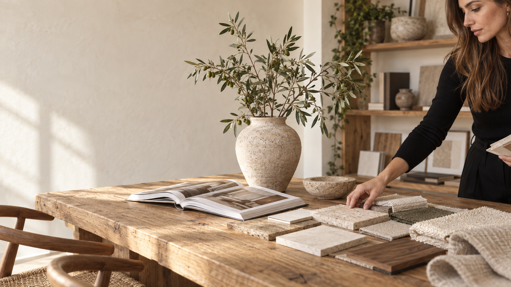 An interior designer curating stone, wood, and textile samples in a warm studio