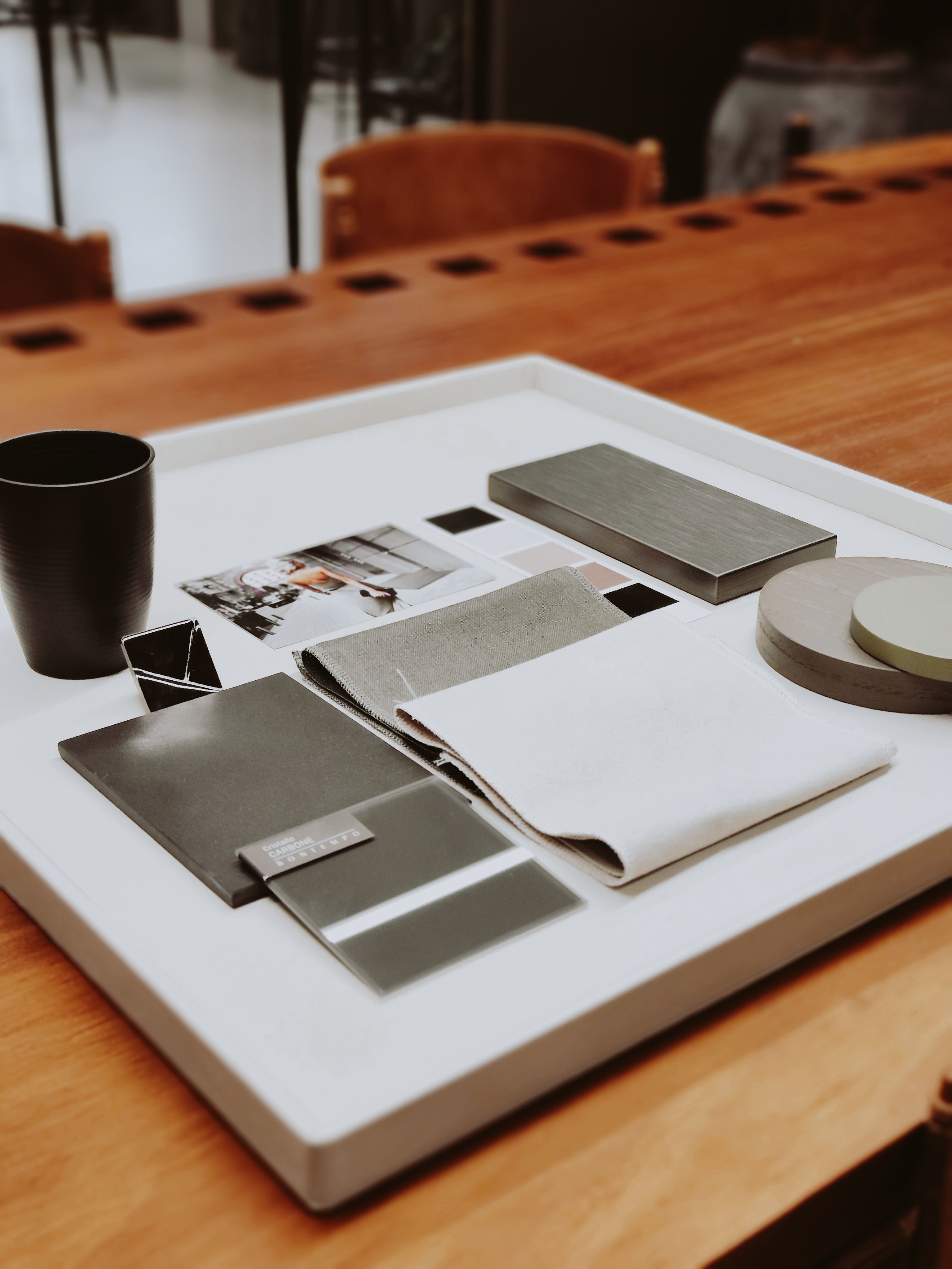 A curated sample board of finishes, colors, and materials