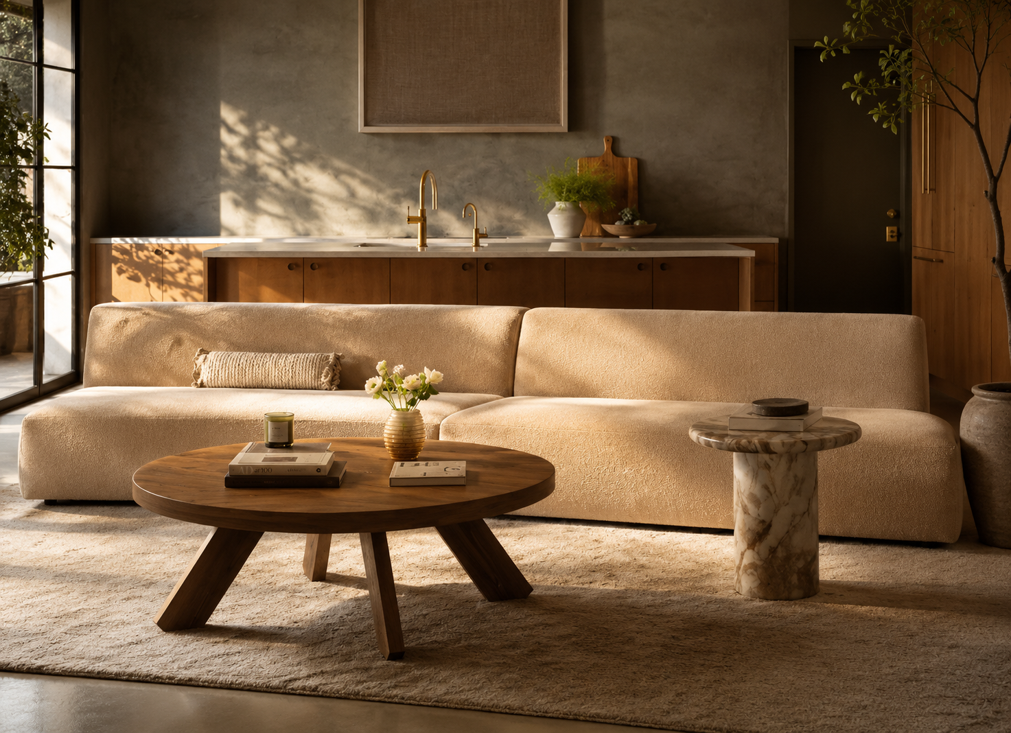 A sculptural cream sofa in a calm, light-filled room