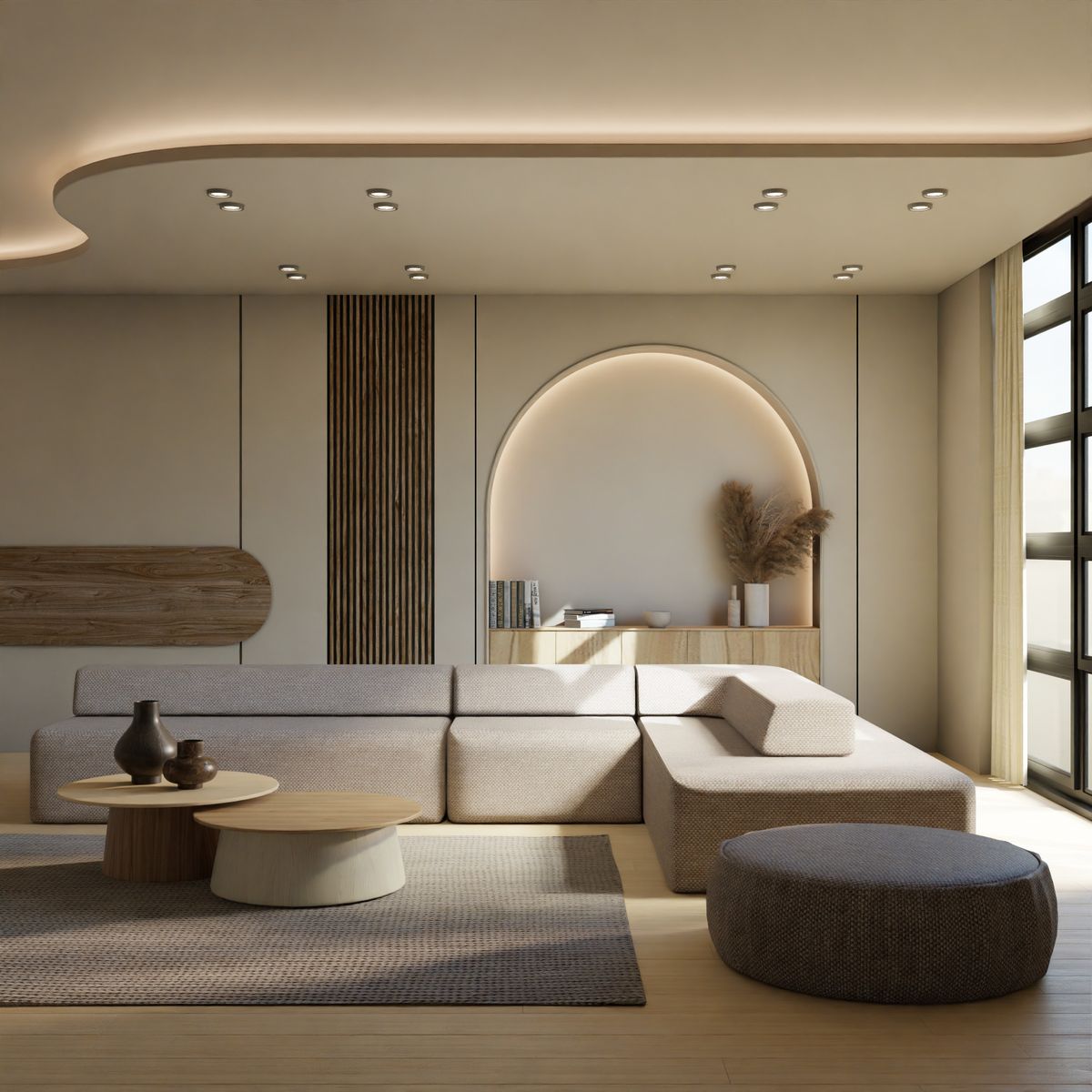 A light-filled neutral living room with sculptural seating